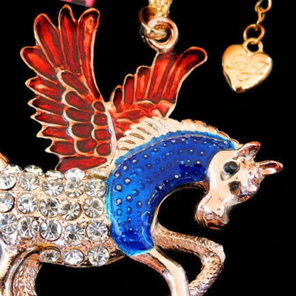 Winged Pegasus Red, Blue,Clear Rhinestone Necklace - Betsey Johnson - Picture 4 of 6